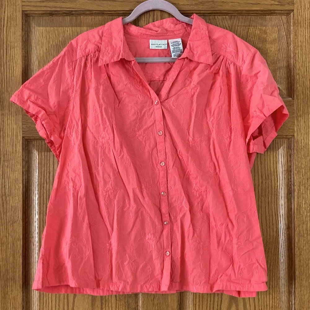 White Stag “Peach Glow” Pink SS Button-up with Floral Stitching 3X